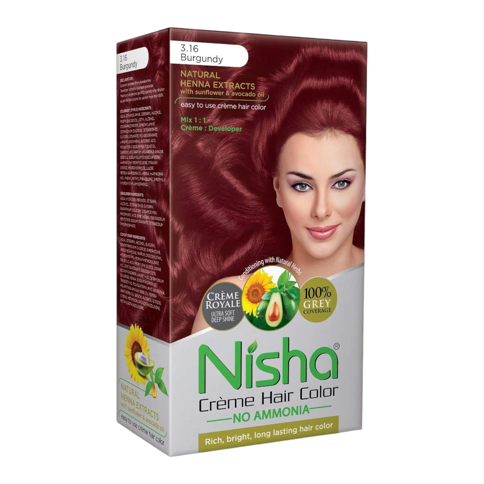 

Nisha Крем-фарба для волосся Бургундська 120 г Упаковка 1 шт. для жінок, чоловіків Ультрам яка Глибокий блиск Покриття сивини