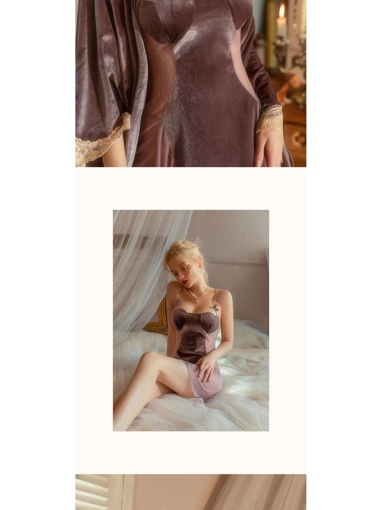 Velvet Lace Mesh Heart Pajama Set: Strappy Nightgown & Robe