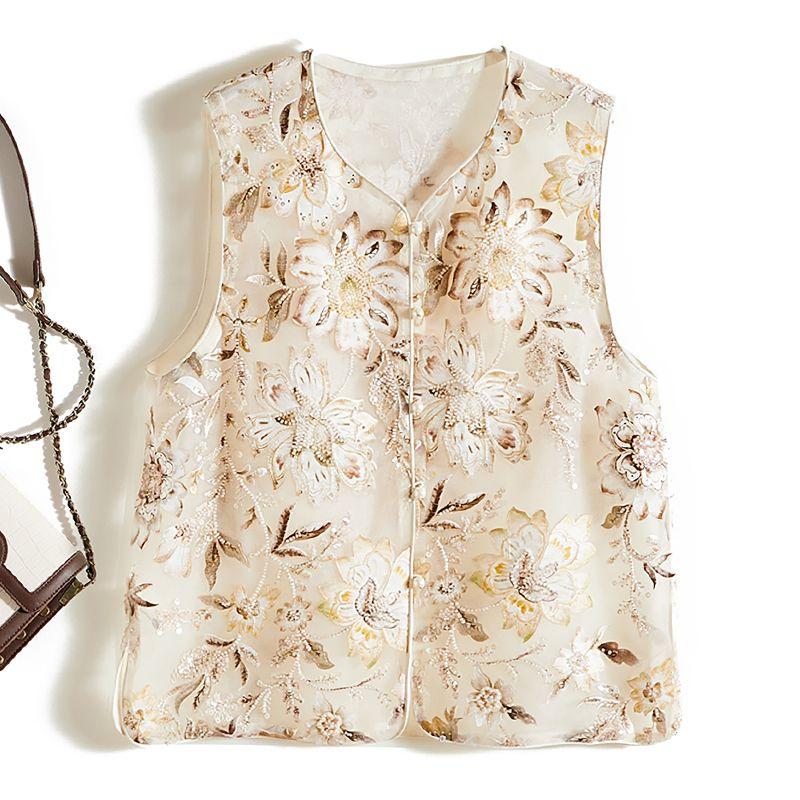 

Understand the Design Details! Buy Love ~ Chinese Style Women Organza Beads Embroidered Single-Breasted round Neck Vest Summer Creamy-white wq8016 L