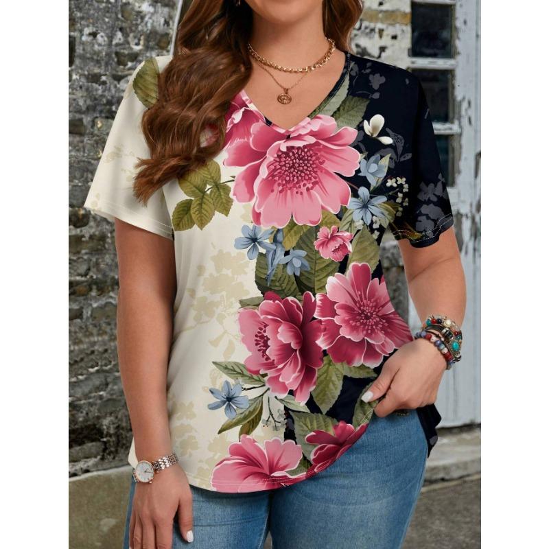 Retro Floral Pattern Women's T-shirt Summer V-neck Top Loose T-shirt Casual Daily Short Sleeve Women's Clothing
