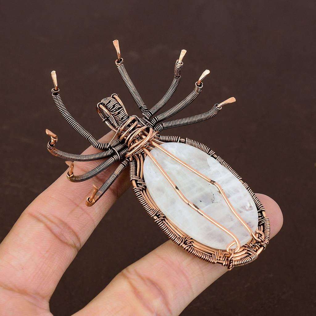 Natural Rainbow Moonstone Gemstone Copper Wire Wrap Spider Pendant 2.56" W7t79