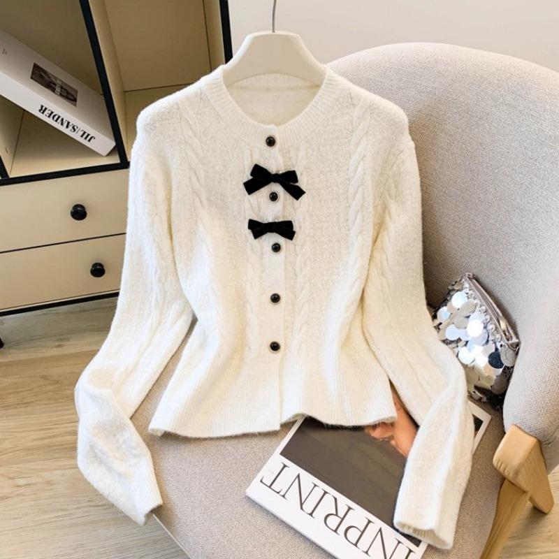 

Solid Color Knitted Cardigan for Women in Autumn and Winter New Style with Bow Tie and Twist Sweater Jacket onesize білий