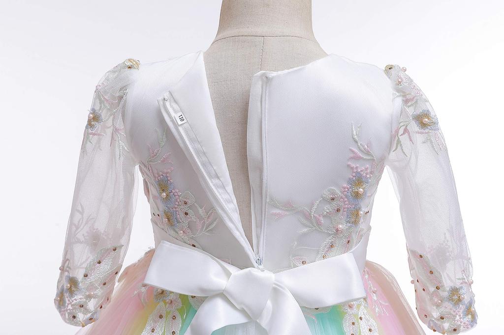 Weileenice Rainbow Size Dress with Embroidered Floral Tulle Rainbow Formal Wear for and Parties Children's Dress, 140, White, Girls' Sleeves, Lace,