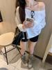 Gray Pure Cotton Off-Shoulder Long-Sleeve Women's T-Shirt - Loose Fit, Spring/Autumn Stylish and Sexy Top