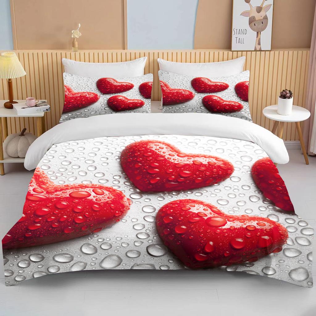 Love Heart Valentine's Day Red Pink Rose Flower 3D Bedding Set Duvet Cover Comforter Bed Linen For Couple Twin Queen King