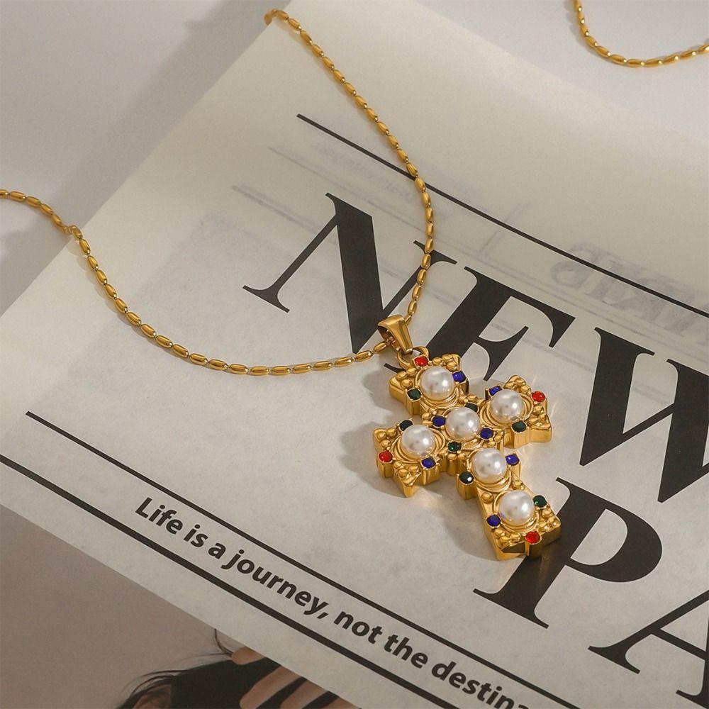 Stainless Steel Cross Pendant Necklace Exquisite Vintage Jewelry Necklace Pearl Necklace  Gift