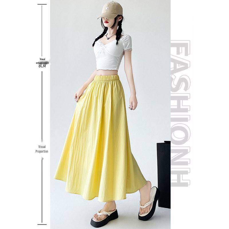 Women's Yellow High-Waist Ice Silk Pleated Long Skirt - Summer A-Line Slimming Design