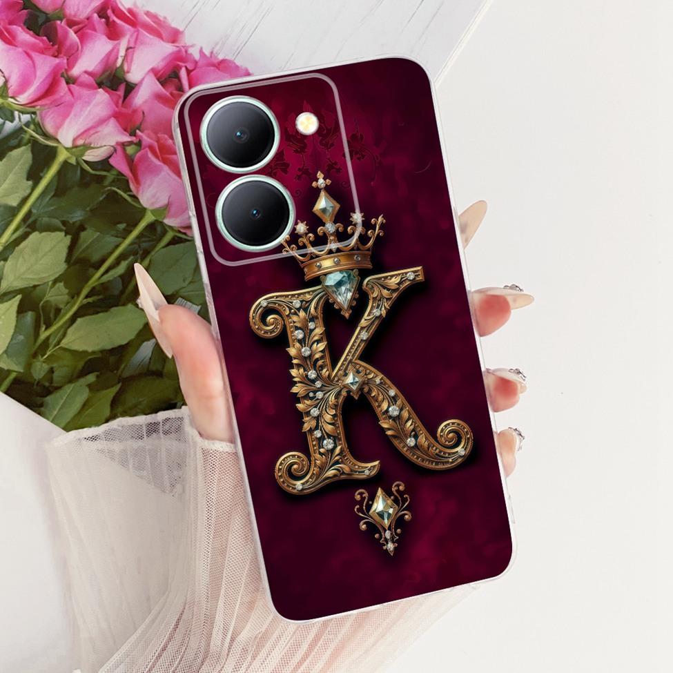 For Vivo V2322 Cover For Vivo Y27S Case Transparent Luxury Crown A-Z Letters 2D Flat Pattern Soft Phone Case For Y27S Vivo