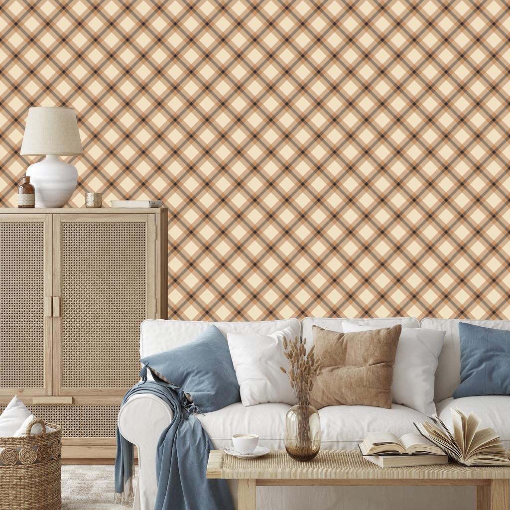 Brown Checkered Wallpaper Cream and Orange for Living Room and Bedroom 50x1000