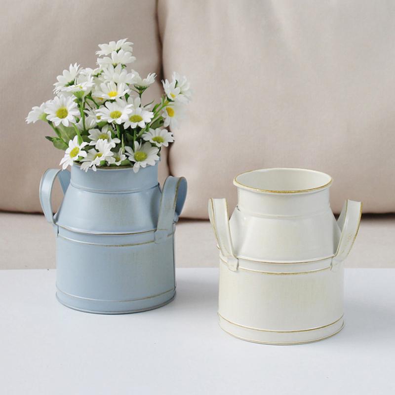 Garden Plants Flower Vase Iron Bucket Metal Vase Craft Holder Home Decor Galvanized Finish Balcony Country Rustic Desktop Bucket