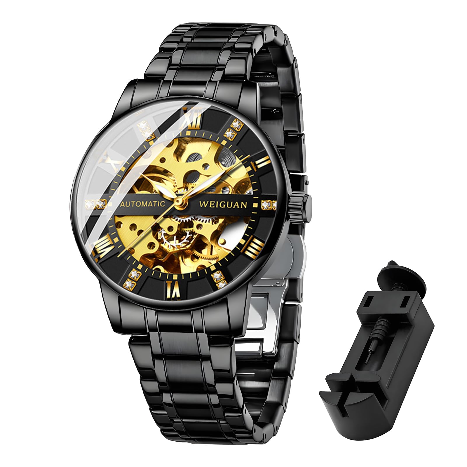 

TeamSky Mechanical Automatic Mechanical Roman Stainless Large Day Gift Black Watch, Men s Watch, Steel, Waterproof, Hand-wound Watch, Numerals, Steel,