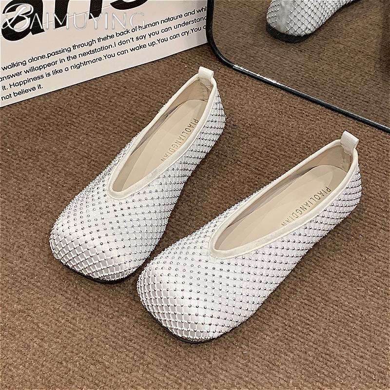 Fashion Flats Ballet Shoes Women Sandals Mesh Crystal Square Toe Mary Jane Summer New 2025 Design Shallow Loafer Dress Casual Sandalias