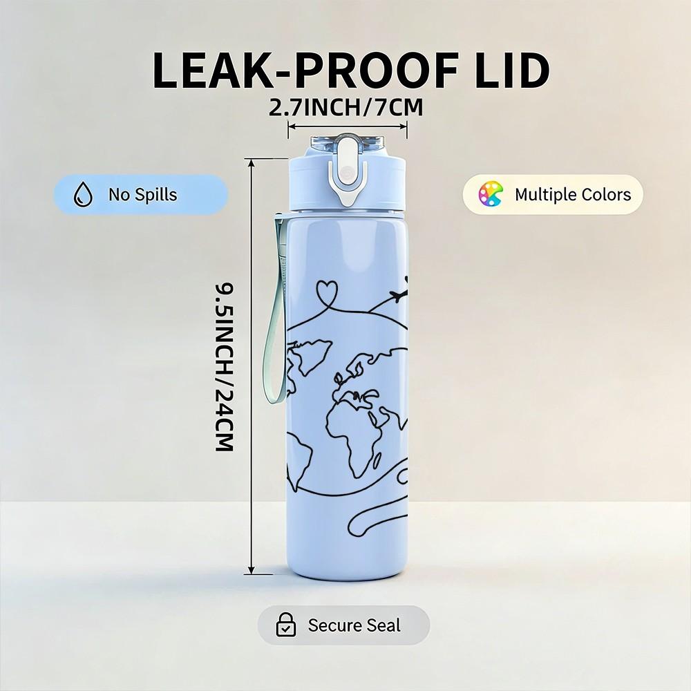 1PC Globe Travel Airplane Sketch 750ml Color Plastic Sports Water Bottle Leakproof Flip Straw Lid Suitable for Sports Office Home Use