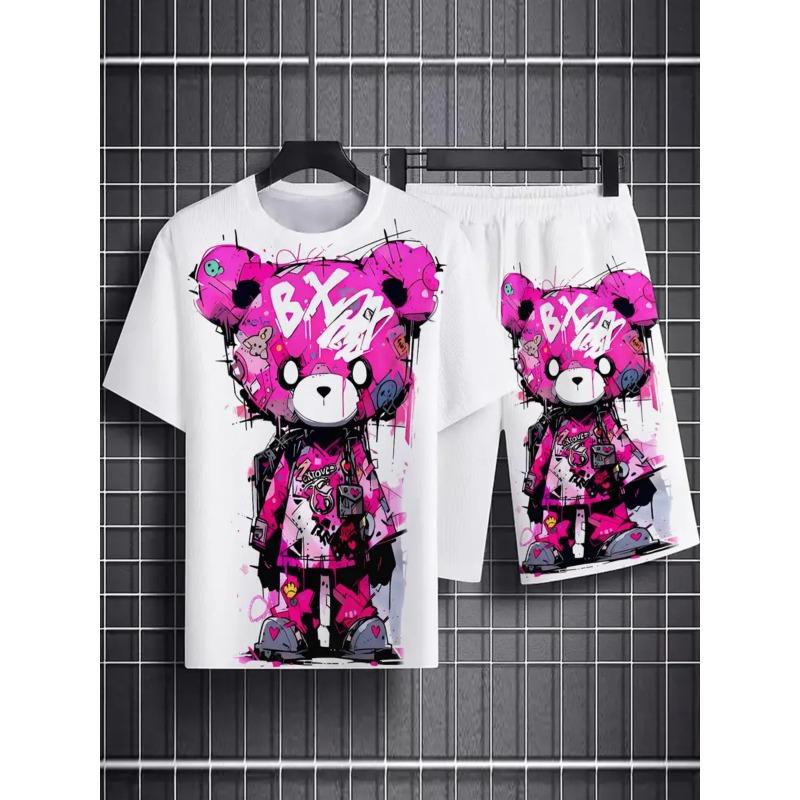 Summer Cartoon Toy Bear Print Fashionable Loose Sportswear Men's Daily Comfortable Two-piece Sport Wear