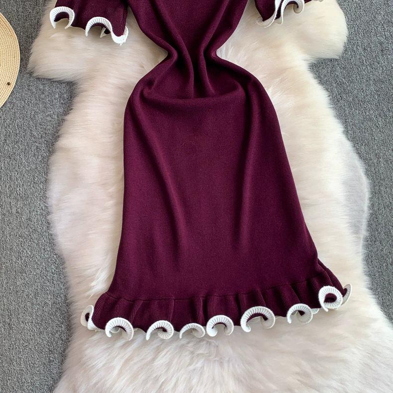 2026 Summer European French Slim Knit Dress – Short Sleeve Round Neck, Hip Wrap Skirt for Women