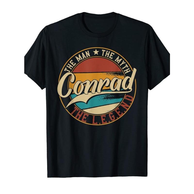 Conrad Men Mythology Legend Retro Pattern Tshirt Retro 70s80s Design Bold Gold and Red Letters S