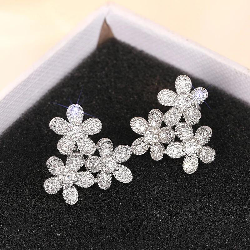 Huitan Beautiful Flowers Stud Earrings with Shiny Cubic Zirconia Graceful Exquisite Sweet Accessories Trendy Wedding Jewelry