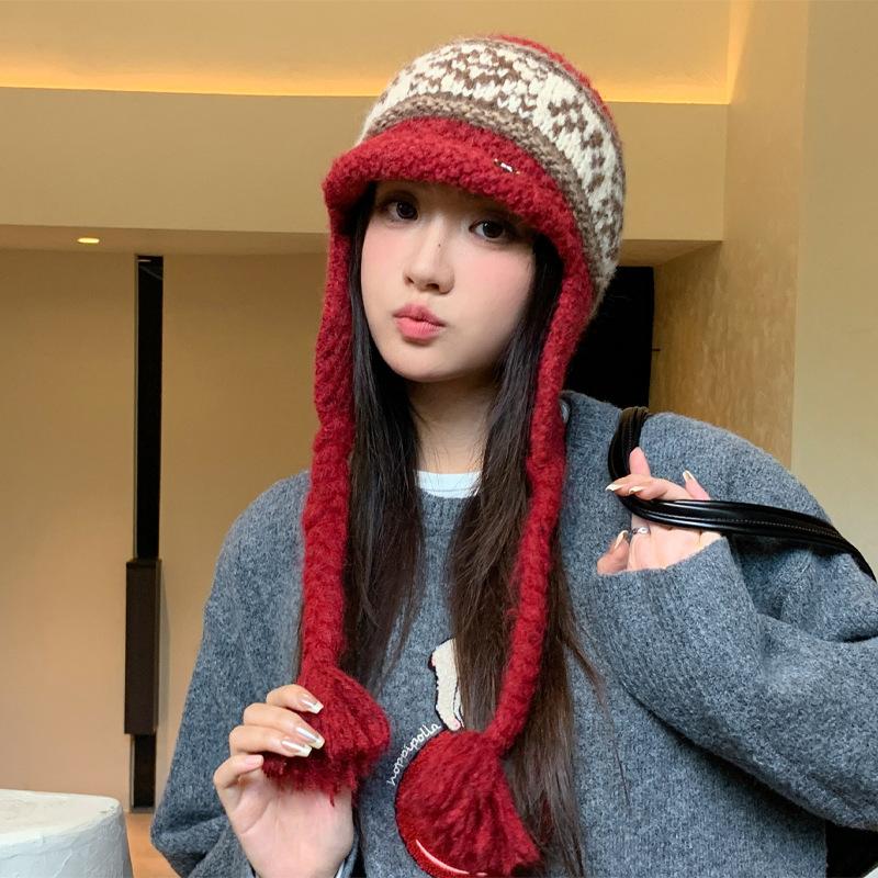Fair Island style retro knitted wool hat autumn and winter piled thickened thermal ear protection hat versatile big head circumference Lei Feng hat