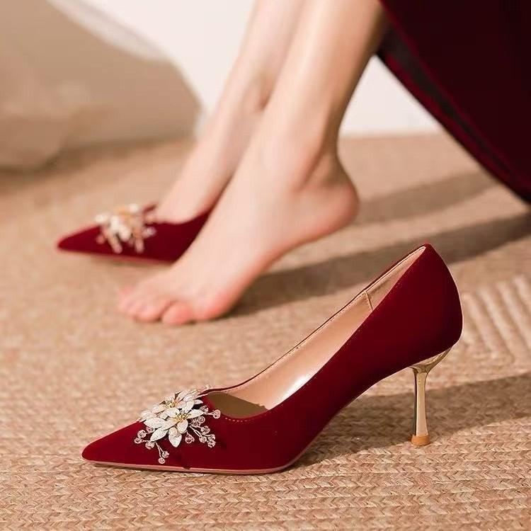 Classic Leisure Pumps for Women Slip on Thin High Heels Pointed Toe Wedding Women Shoes Crystal Bling Flower Summer Shoes