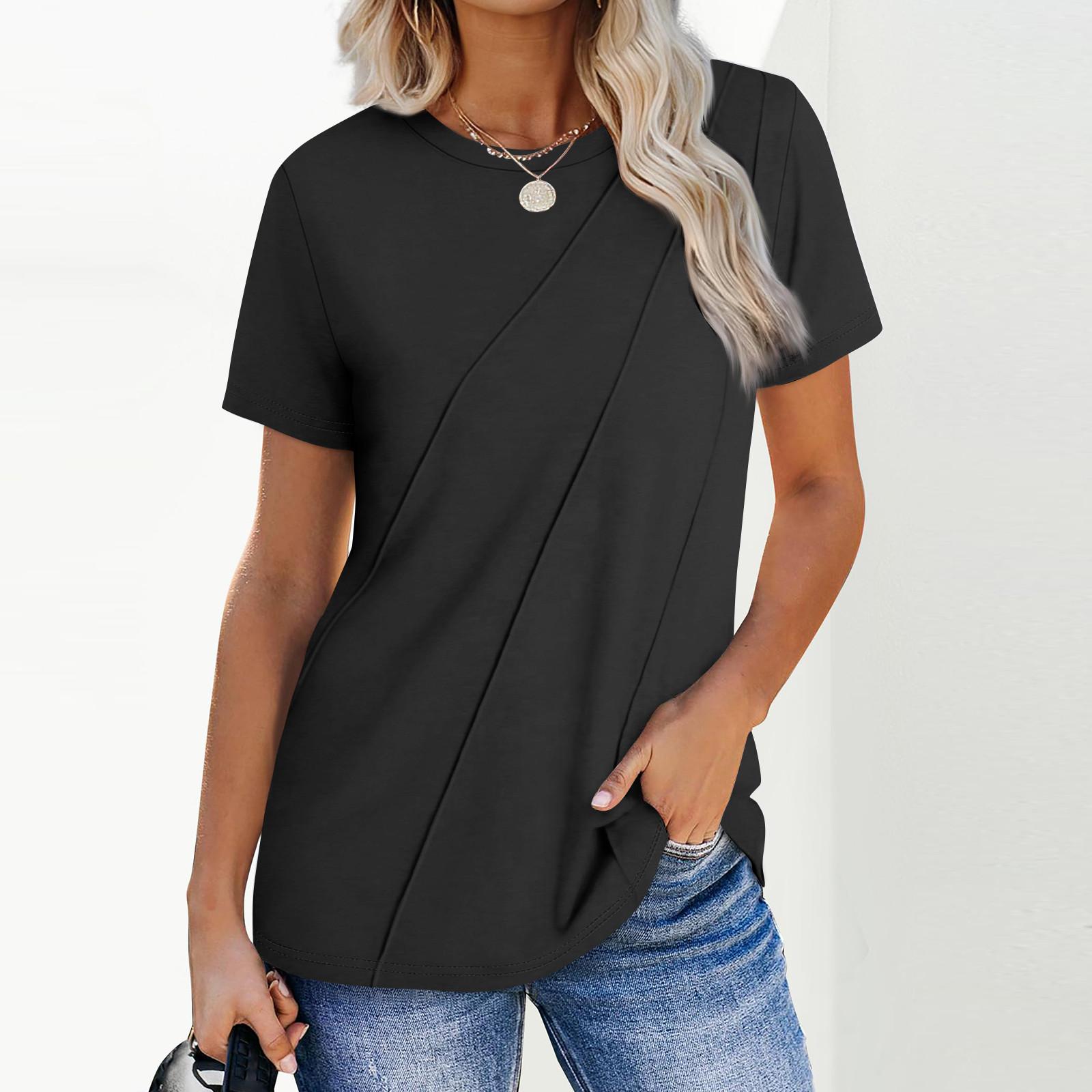 

Женская мода повседневная с коротким рукавом однотонные топы плиссированная модная одежда футболка L чёрный