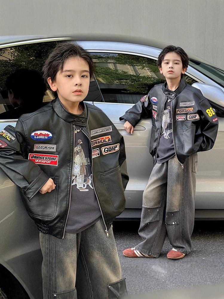 Herbst 2025 Trendige Jungen-Jacke aus besticktem PU-Leder - Retro-Stil-Unisex-Oberbekleidung