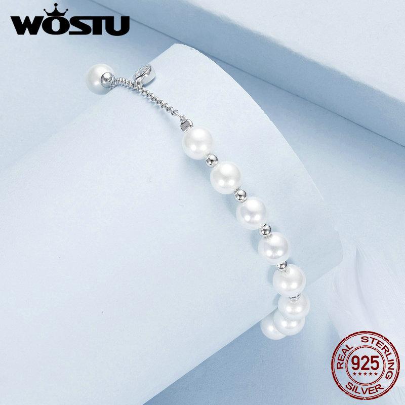WOSTU 925 Sterling Silver White Pearl With Shiny Zircon Tassel Bracelets Elegant Jewelry Pearl Chain Links Gift for Mom Lover