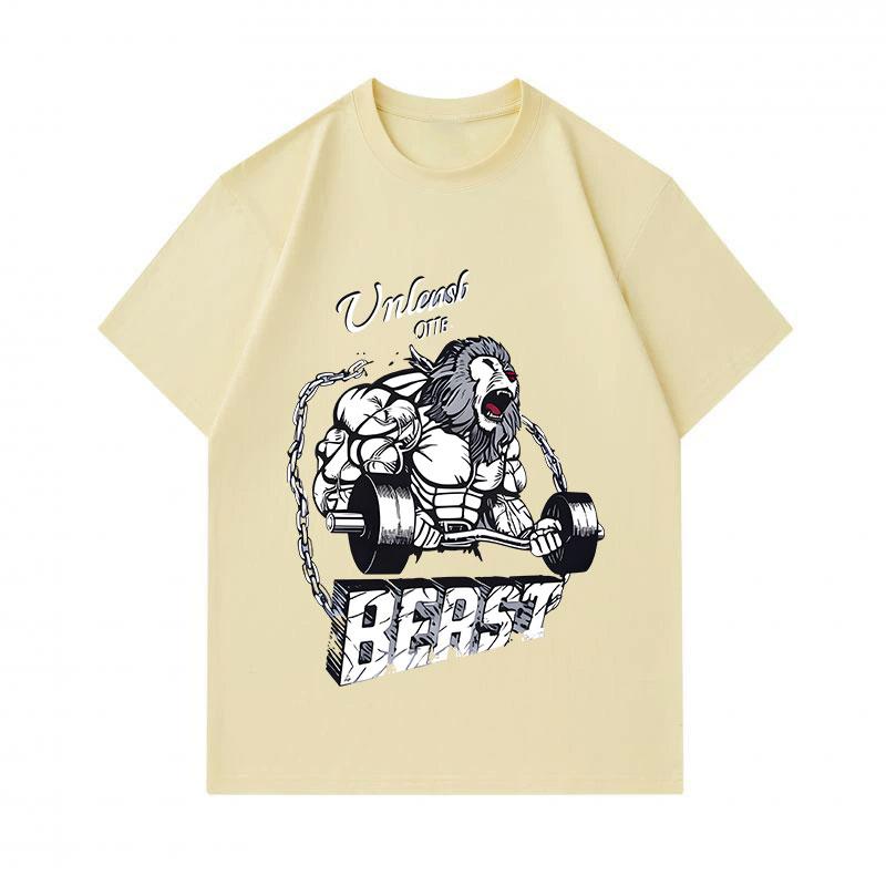Men's 100% Cotton Crew Neck Short Sleeve T-Shirt, Unleash The Beast Muscular Lion Weightlifting Print Casual Fitness Workout Top