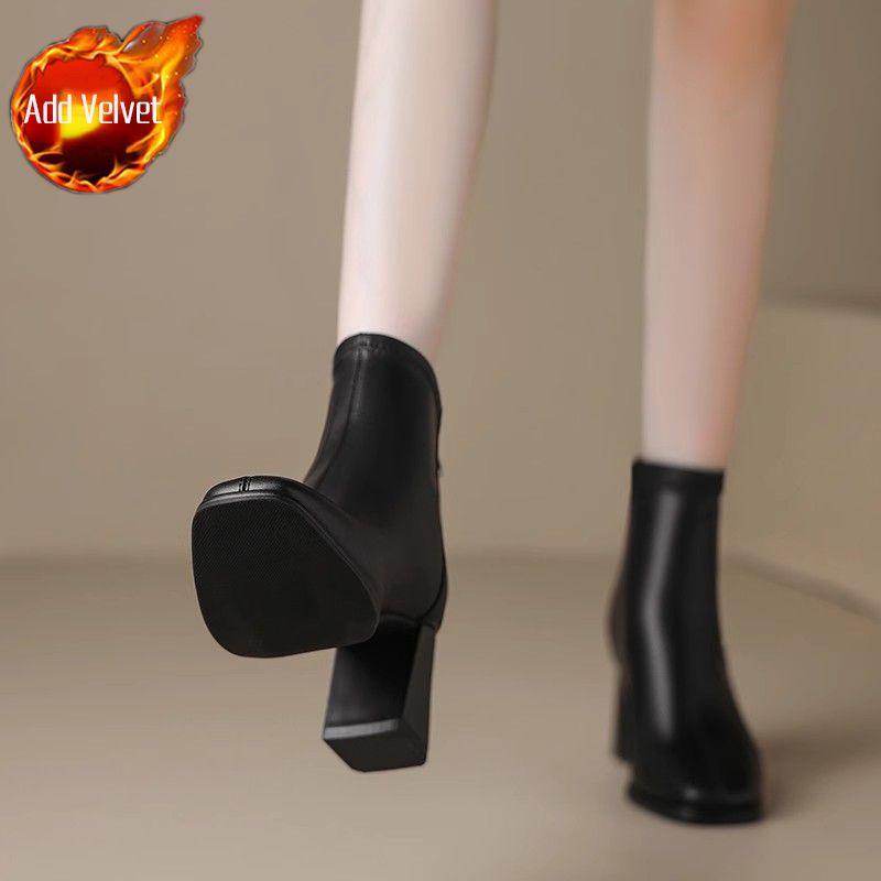

Модные женские короткие ботинки на каблуке с квадратным носком и флисовой подкладкой, осенне-зимние кожаные женские ботильоны до щиколотки, дизайнерские роскошные ботильоны высокого качества 40