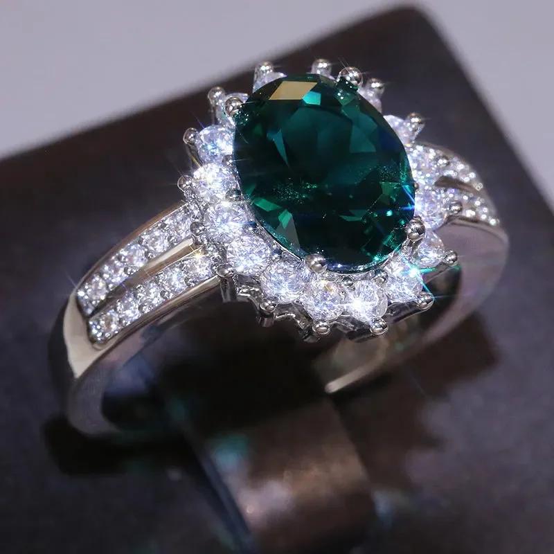 Luxury Green Crystal Ring Princess Crown Halo Engagement Wedding Rings Cubic Zircon  Sterling Silver Rings For Women