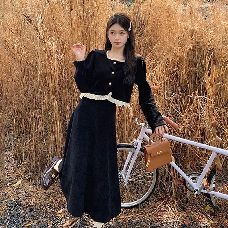 

Corduroy Two-piece Set with Small Fragrant and Elegant Ear-hem Top and High-waisted Skirt Set 3XL чорний