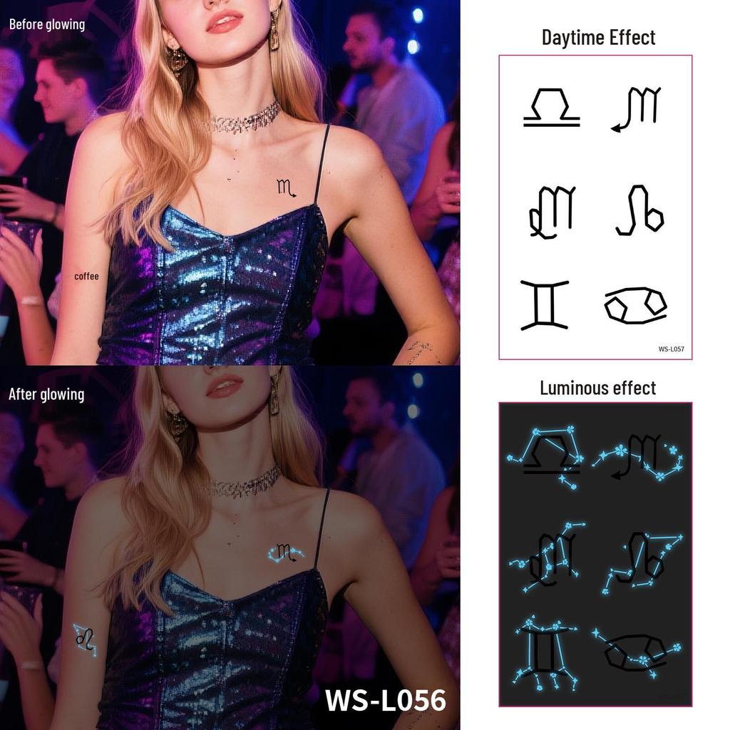 Blue Luminous Tattoo Stickers - Glowing Constellations for Music Festivals & Parties