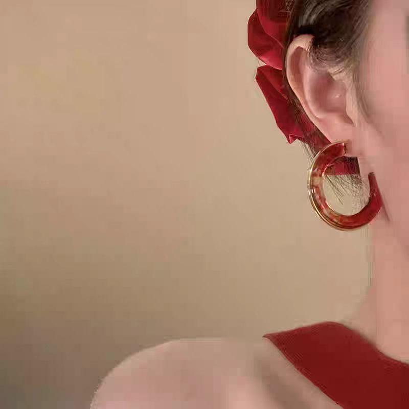 Red Style _ Temperament Ankara Red Ice Transparent Earrings Women'S Unique Personality Stud Earrings Senior Feeling Earrings