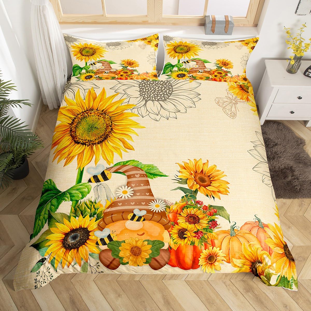 

Sunflower Duvet Cover Twin King, Spring Garden Flowers Comforter Cover, Yellow Floral Botanical Bedding Set For Teen Women Room EU Single(135x200cm)