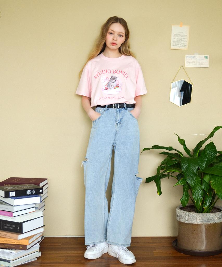 BONIEE Retro Kitten Collage Loose T-Shirt Pink