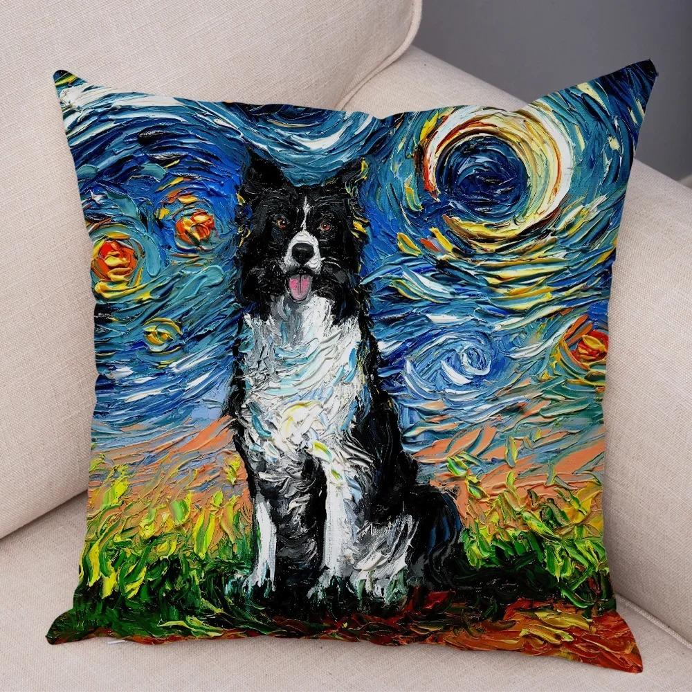 Colorful Oil Painting Pet Animal Pillowcase Starry Sky Art Cartoon Dog Cushion Cover Decorative Sofa