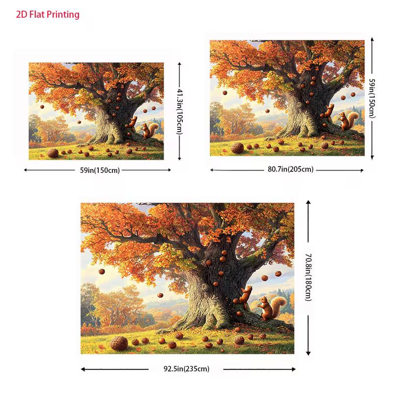 2D Fall Forest Backdrop, Autumn Oak Tree with Squirrels Background for Harvest Festival Decor