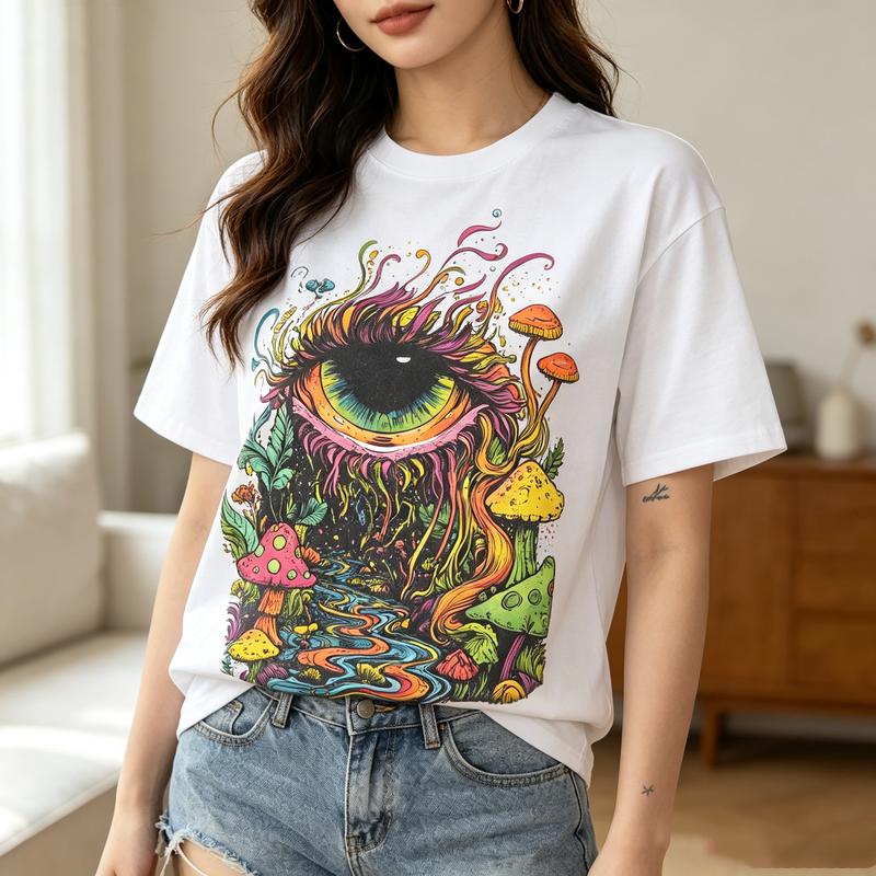 Vintage Psychedelic Eye Tee Trippy River Mushroom Print Unisex Unisex Cotton Short Sleeve Trendy Streetwear Gift