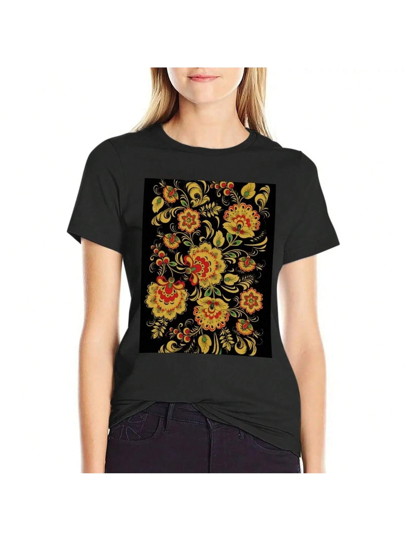 Khokhloma. T-Shirt Hippie Clothes Summer Clothes Female Clothing Vintage Clothes Top Wounisex S