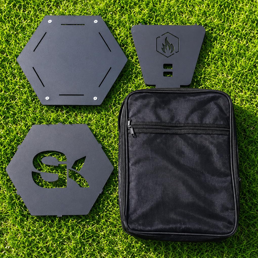 cacomi Rokuen Black Steel Finish Compact Folding Fire Pit Made in Japan Solo Use Easy Assembly Rugged Iron Hexagonal Shape Original Design by Shinsei