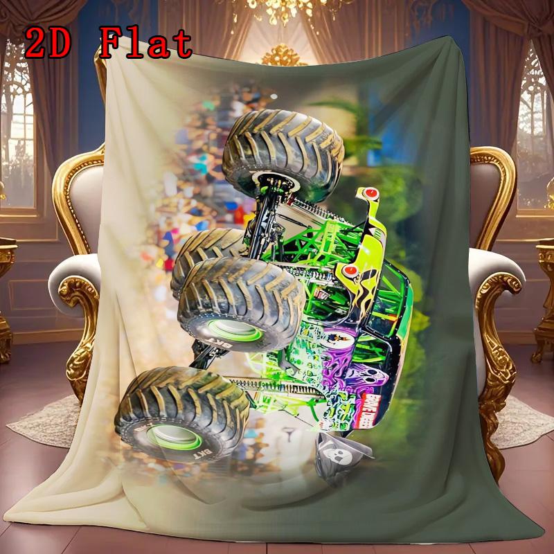 Green monster truck 2D Flat Pattern Flannel Blanket High quality All Seasons Warmth and Comfort Perfect for Christmas Gifts.MMT0918416
