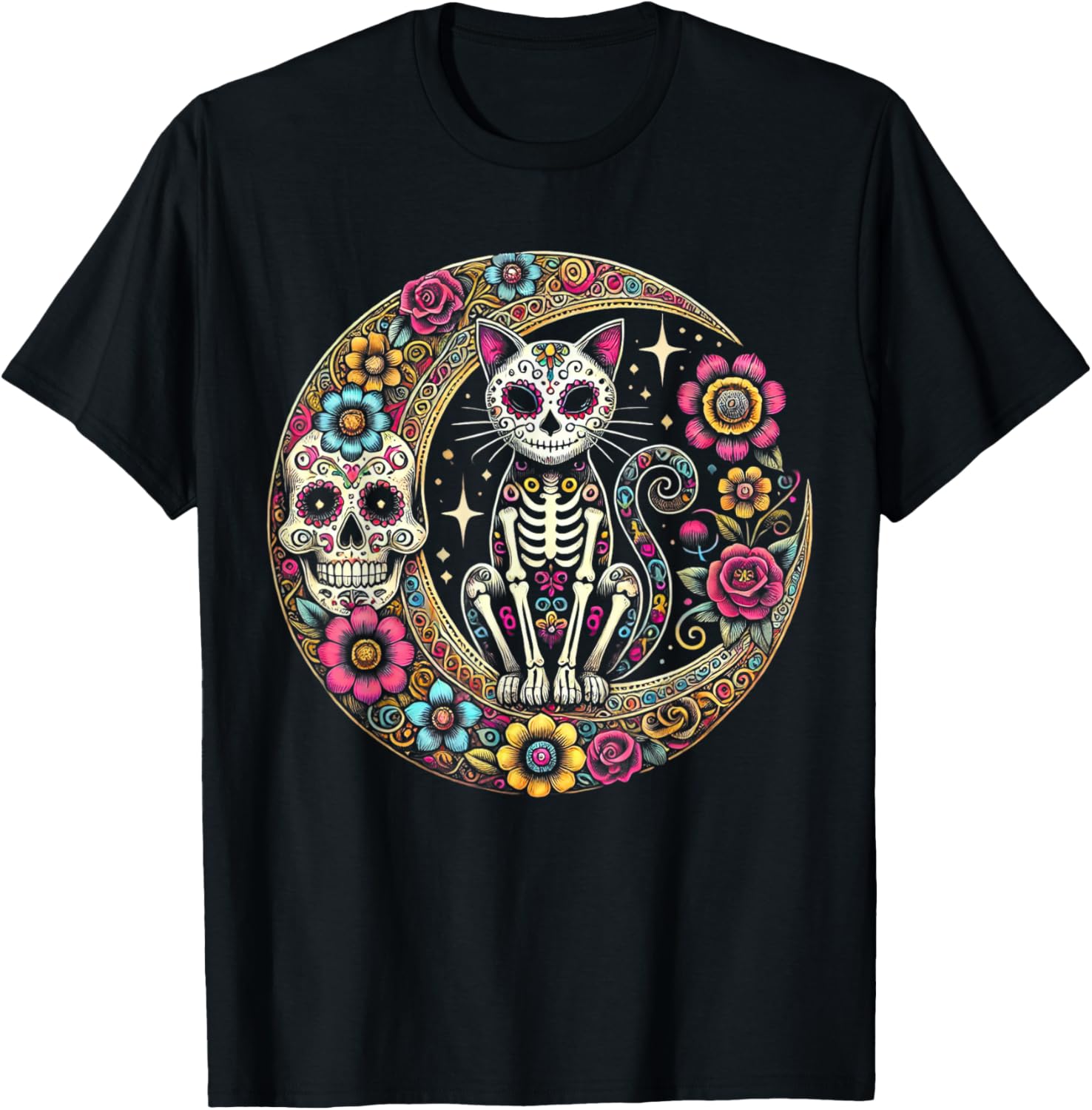 Cat Moon Dia De Los Muertos Day of The Dead Sugar Skull T-Shirt L