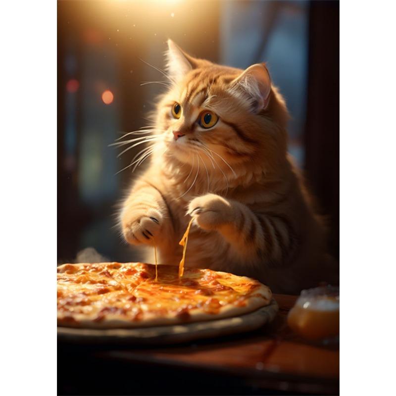 Funny Cat Eating Pizza Canvas Prints Posters Mural Cute Pet Kitten Pizza Poster Canvas Wall Art Painting Pictures for Home Decor