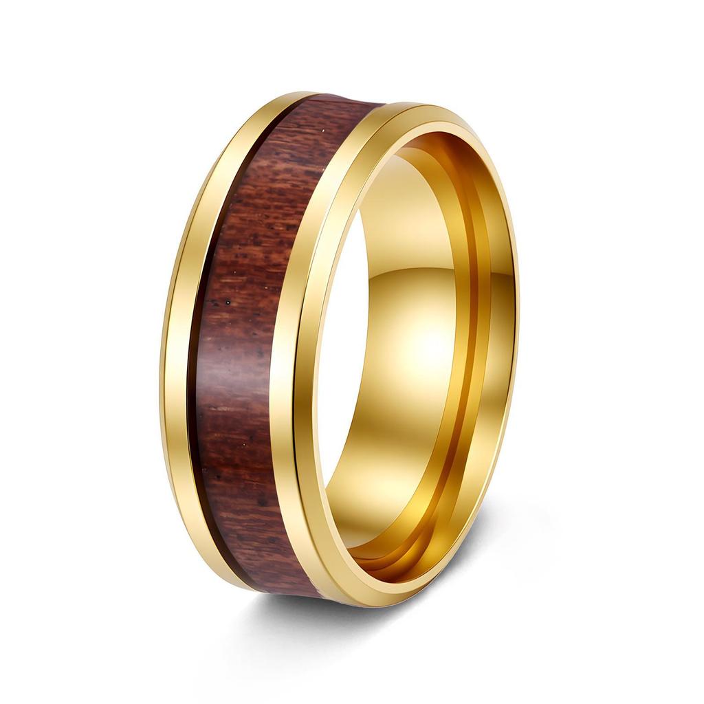 8mm Acacia Wood Inlaid Titanium Steel Men's Ring - Durable, Fade-Resistant Wood Grain Design