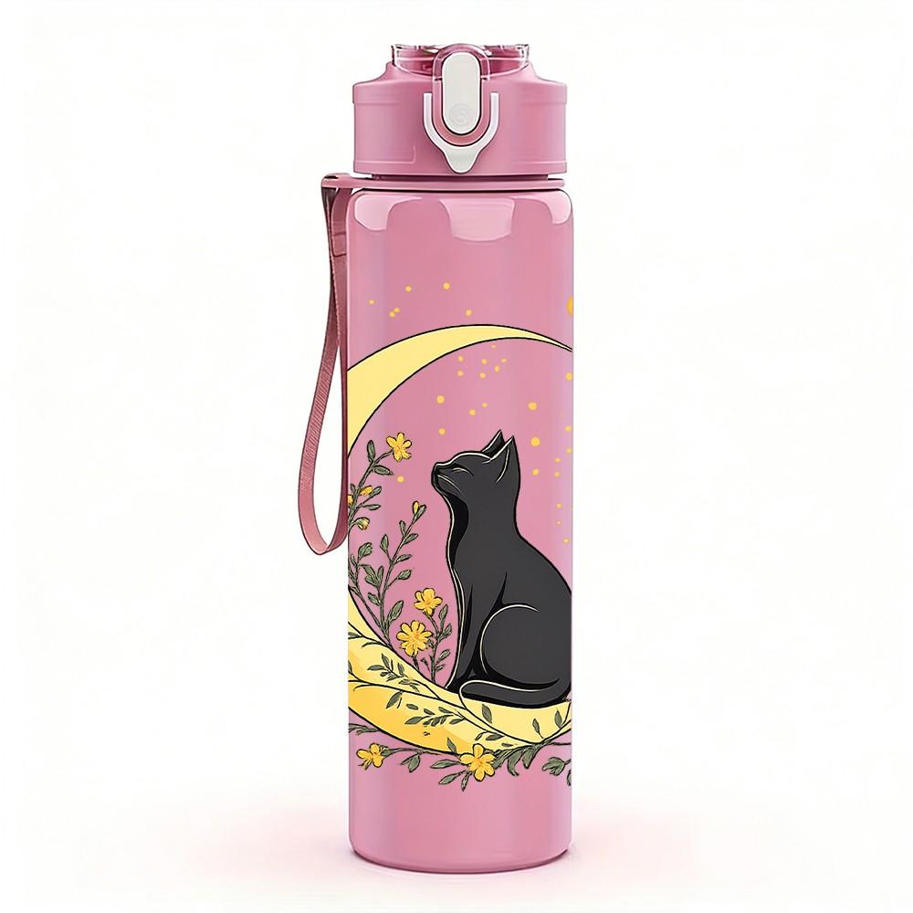 1PC Black Cat Moon Night Scene Print 750ml Color Plastic Sports Water Bottle Leakproof Flip Straw Lid Suitable for Sports Office Home Use
