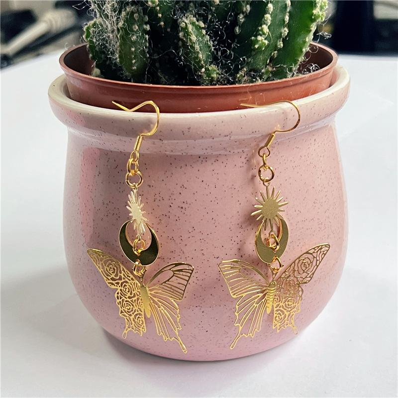 Fashion New Product Gold Star Zinc Alloy Moon Earhook Earrings Gold Hollow Pattern Butterfly Jewelry Earrings