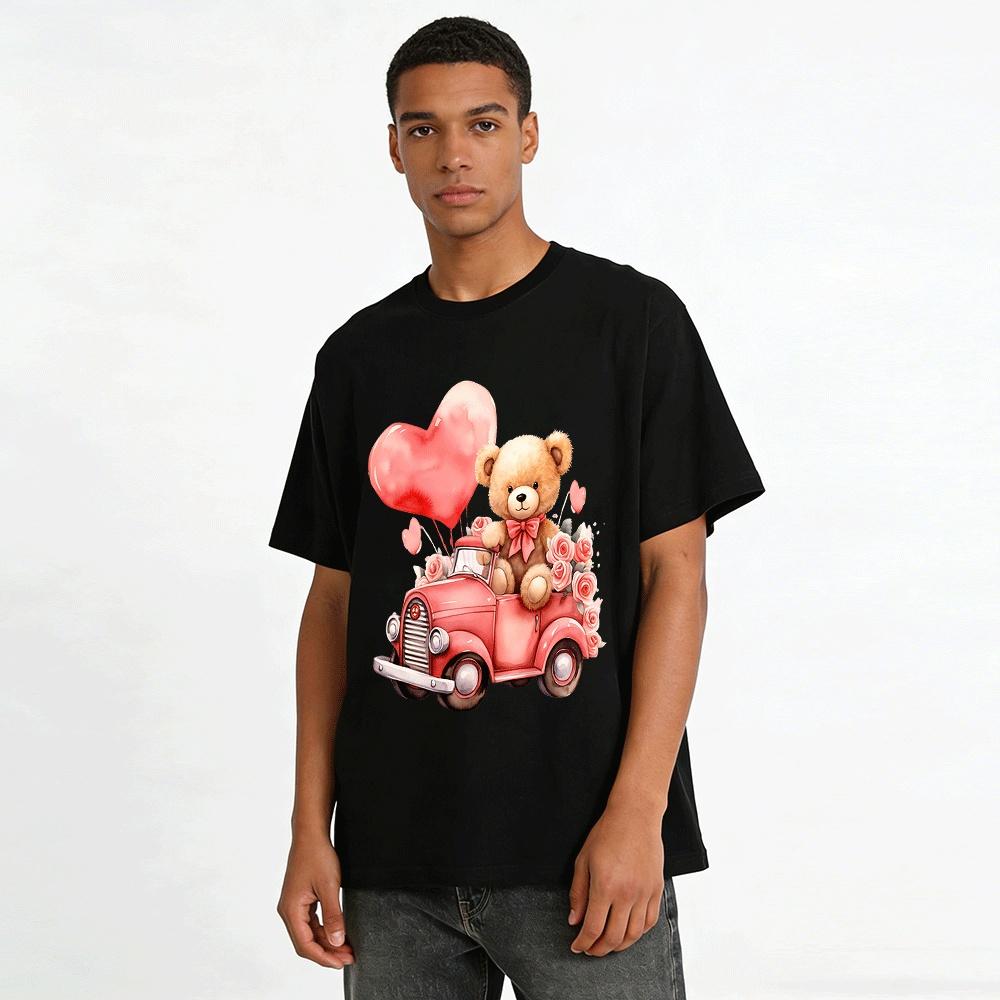 Valentine's Day Bear Vintage Truck Print Casual T-Shirt Pure cotton T-shirt