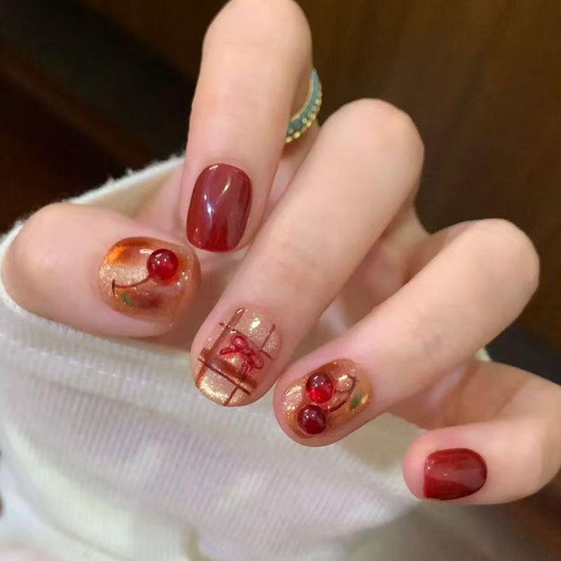 

Cherry Sweet Wine: Hand-Woven Amber Gradient Plaid Bow Manicure Whitening Stickers S (fits 70% of people)