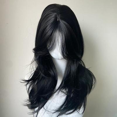 Ashley Black Synthetic Wig for Women - Body Wavy Hair with French Bangs, Includes Headband & Rose Hair Net, High-Quality Simulat