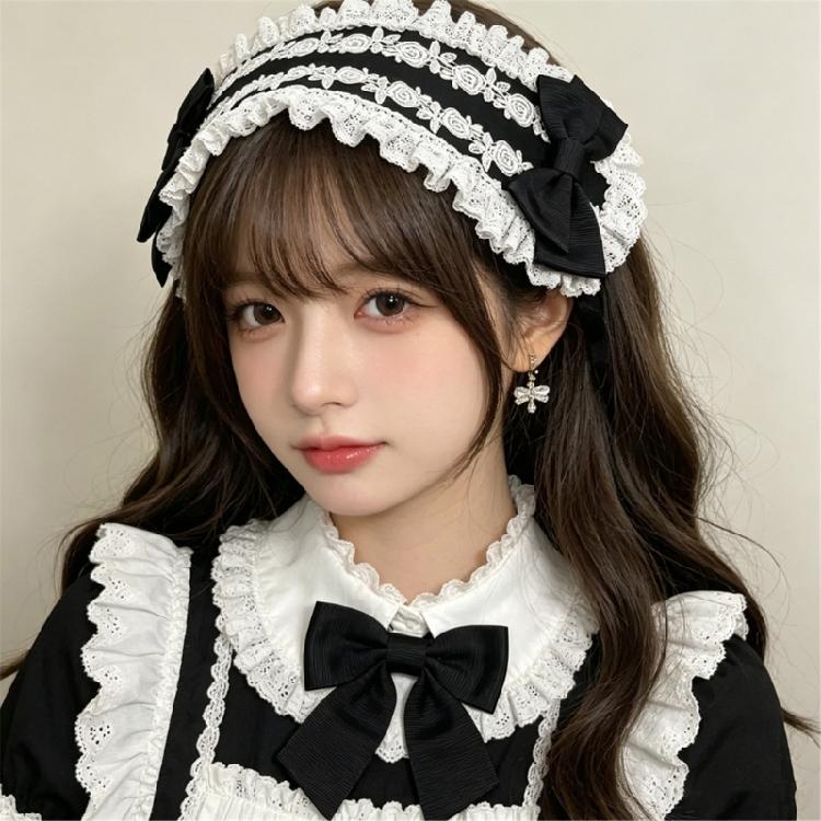 Lolitas Lace Headband Retro Cosplay Party Hair Accessories Ribbon Bows Maid Headdress for Womens