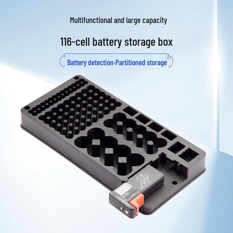 Battery Storage Rack with Tester - 116-Grid Lidless Organizer